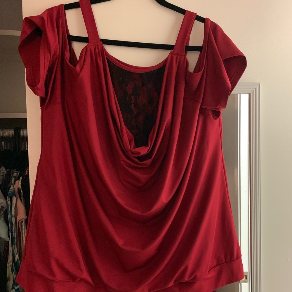 Red low cut top with lace accent